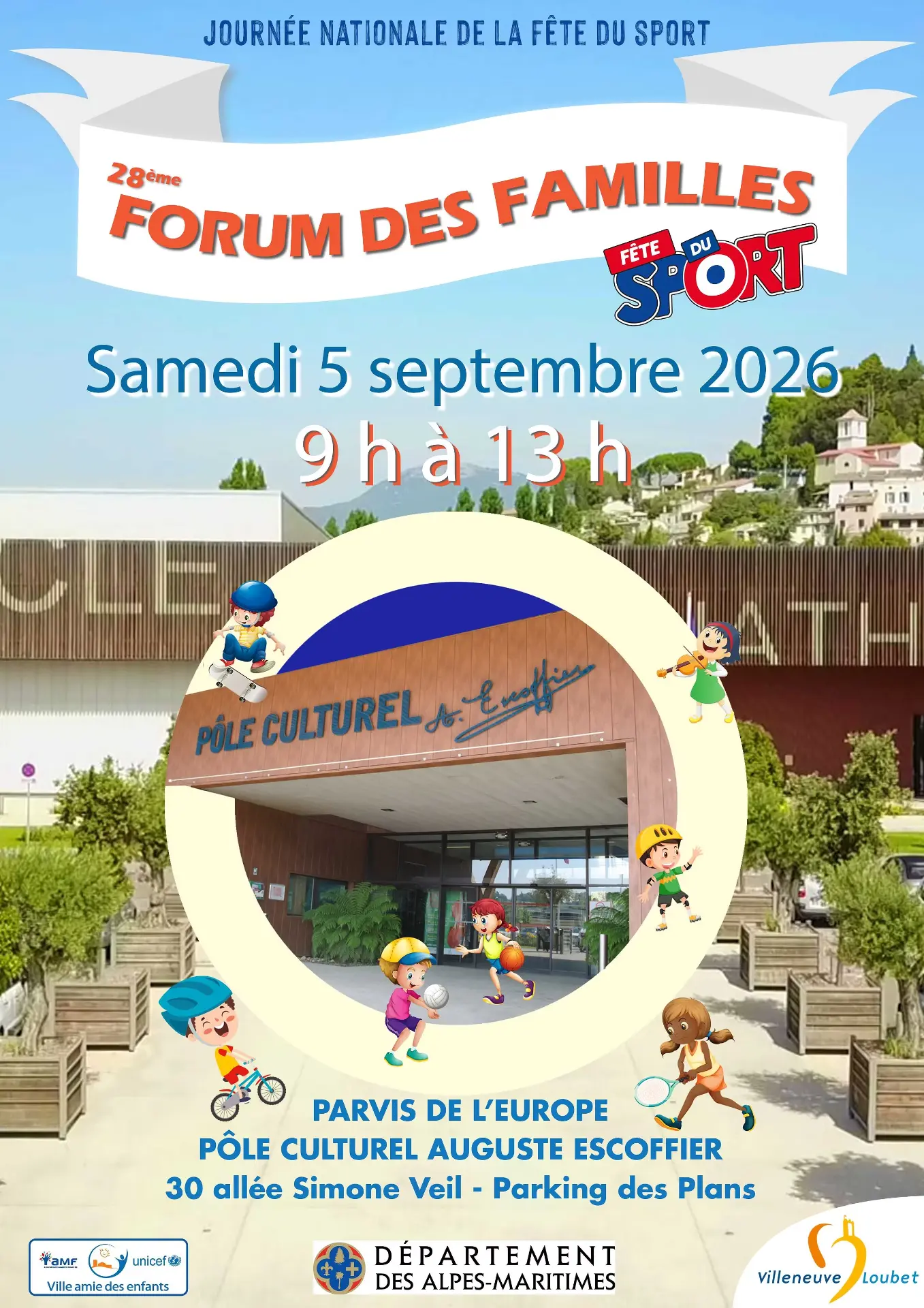 Affiche du 28ᵉ Forum des Familles à Villeneuve-Loubet, 5 septembre 2026