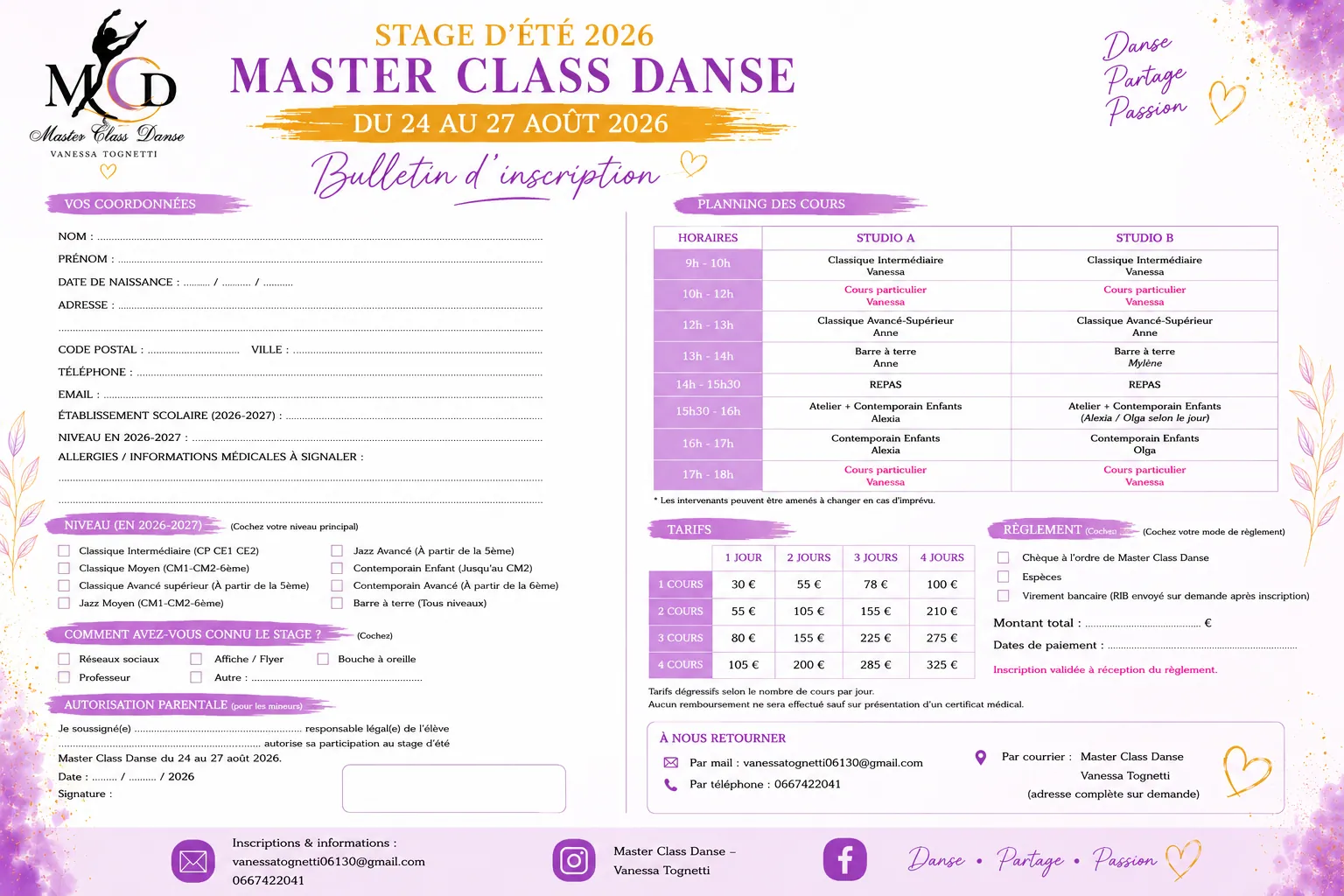 Bulletin d'inscription du stage d'été 2026 de Master Class Danse