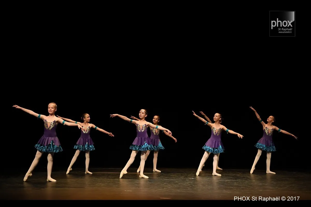 Jeunes élèves en tutus violets et turquoise en pose sur scène